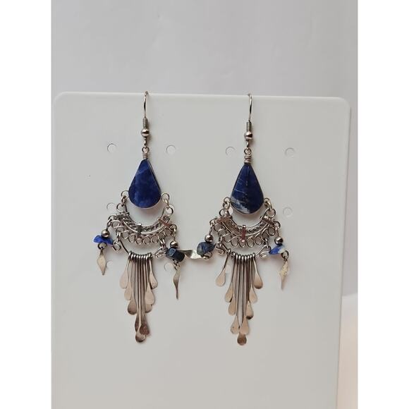 Silver Tone Metal Blue Stone Chandelier Dangle Hook Earrings - Picture 1 of 4